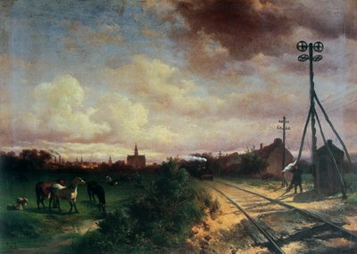 Kentän maalaus hevosilla, junalla ja merkinantajalla lipun kanssa tekijältä Wouterus Verschuur